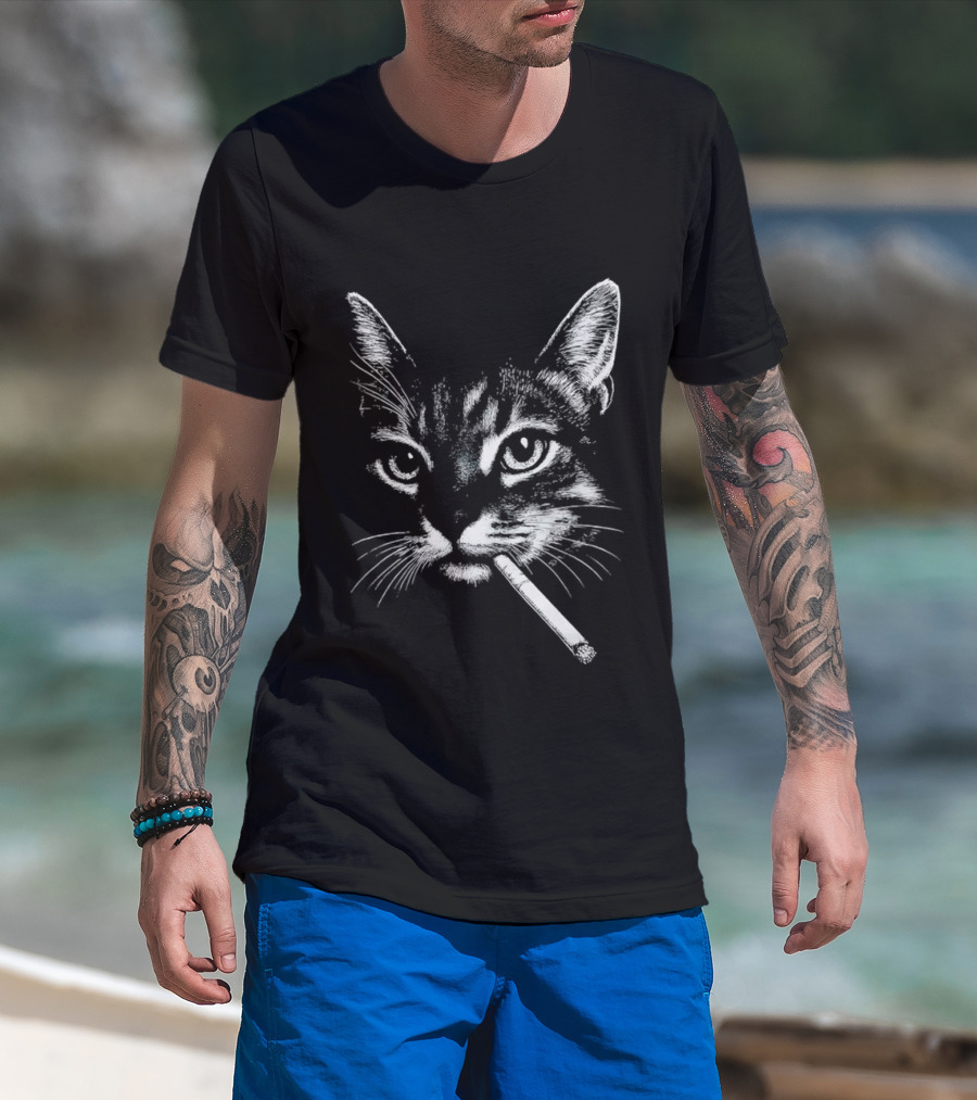 Cat Smoking A Cigarette Vintage Style Retro Look T-Shirt
