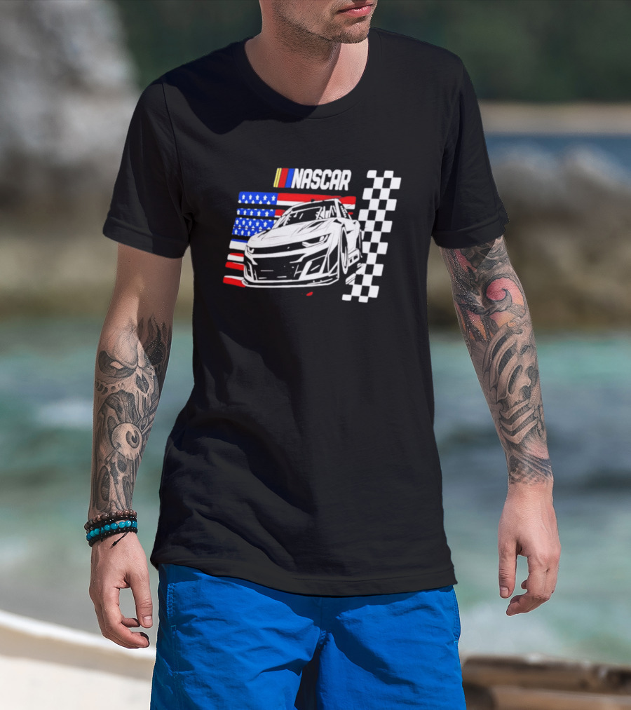 Nascar Race Car American Flag Checkered Flag T-Shirt