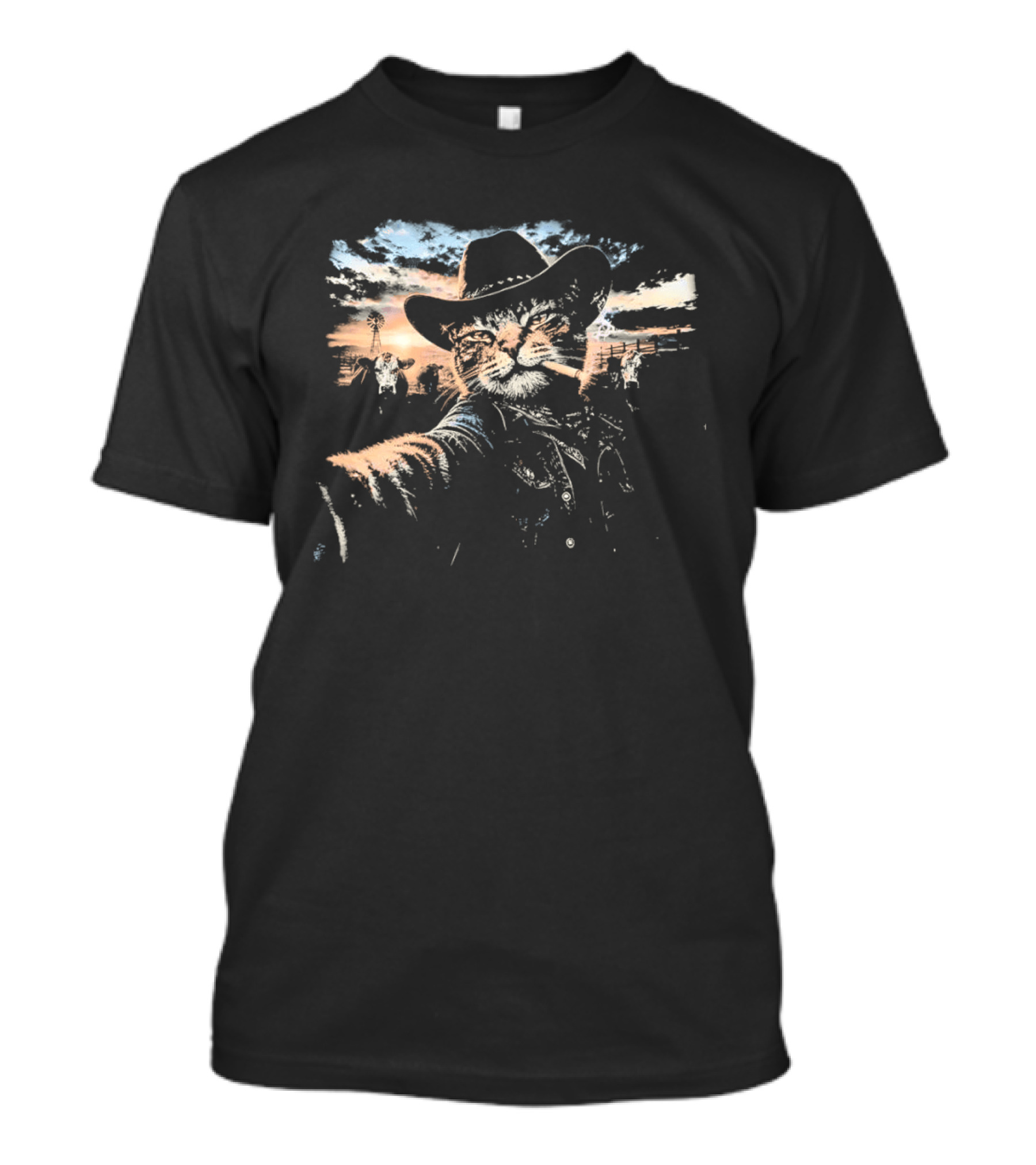 Cowboy Cat Smoking Selfie Sunset Western Sky Scene T-Shirt