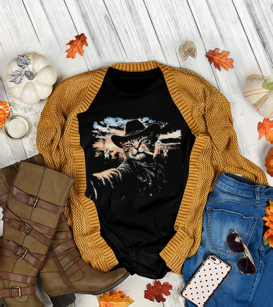 Cowboy Cat Smoking Selfie Sunset Western Sky Scene T-Shirt