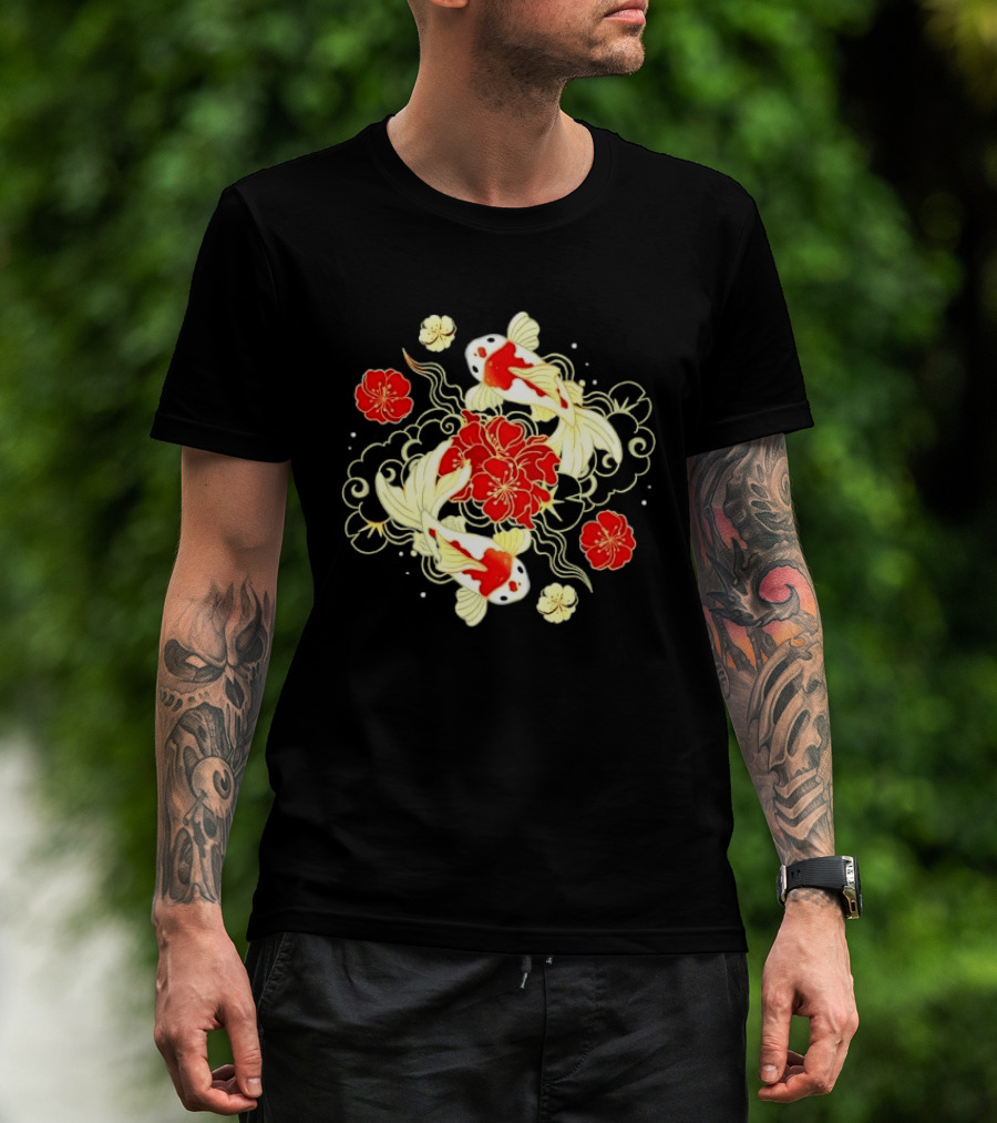 Koi Fish With Red And White Japanese Flowers T-Shirt