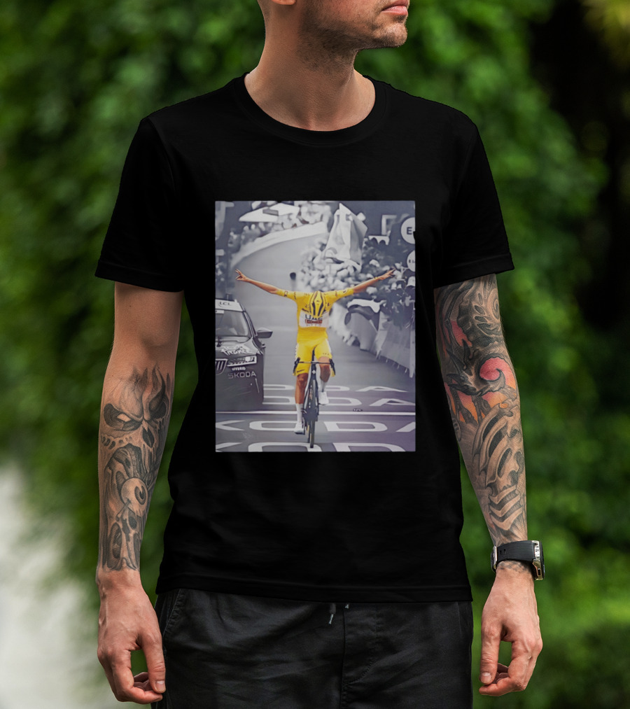 Tadej Pogacar Victory Moment Tour De France Skoda UCL Cyclist In Yellow Jersey T-Shirt