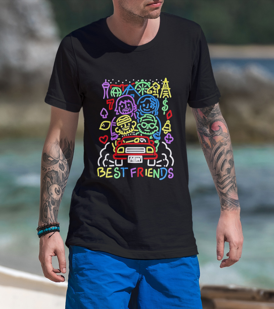Best Friends AEW Neon Road Trip With Casino Icons And Landmarks T-Shirt