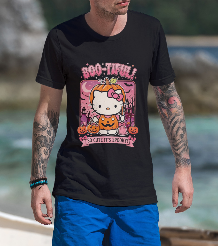 Boo Tiful Hello Kitty So Cute It's Spooky Halloween Pumpkin T-Shirt