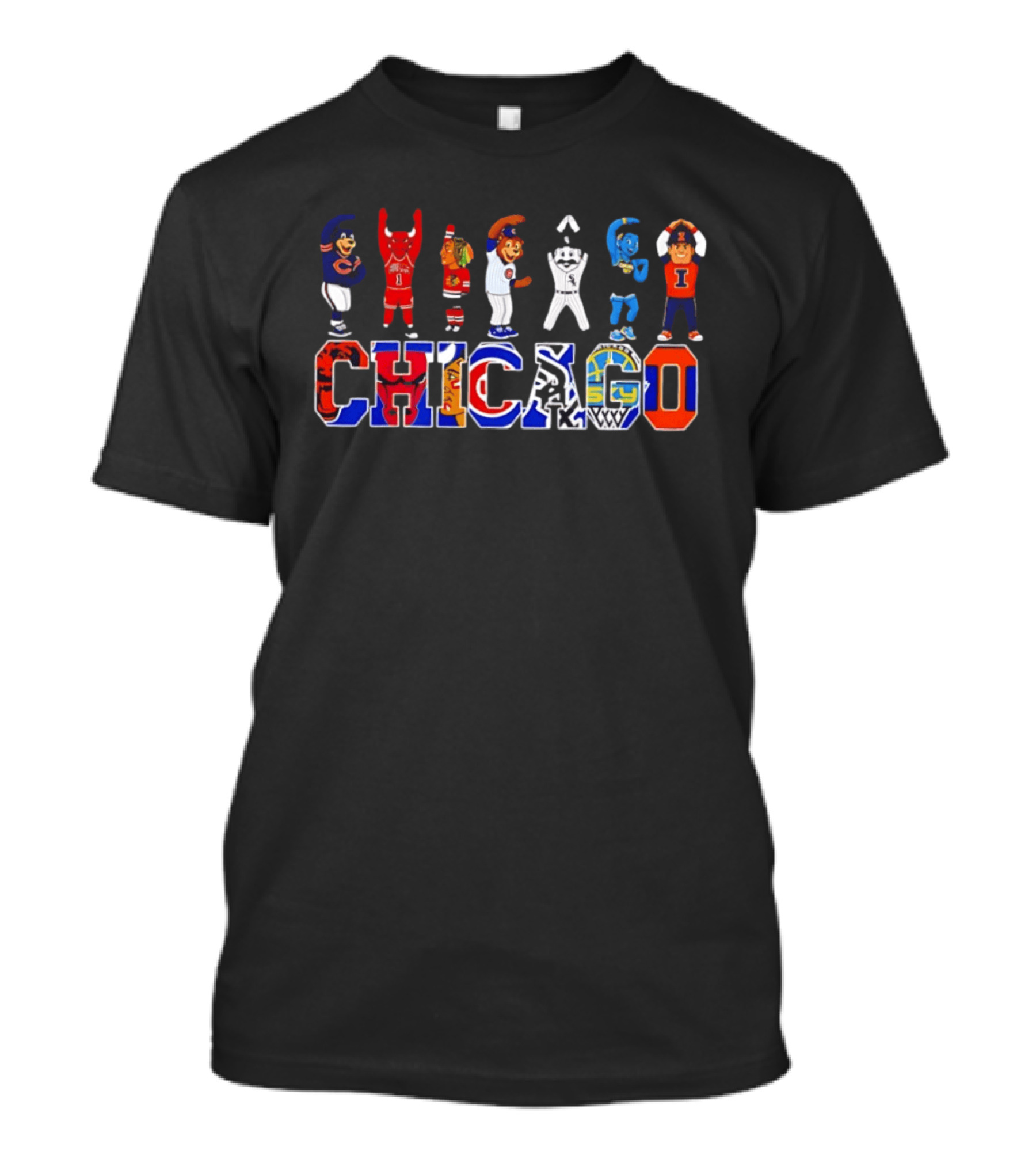 Chicago Bears Bulls Blackhawks Cubs White Sox Mascots Basketball Logos T-Shirt