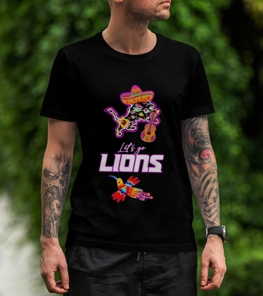 Let's Go Lions Hispanic Heritage Fiesta Mexican Folk Sombrero And Guitar T-Shirt