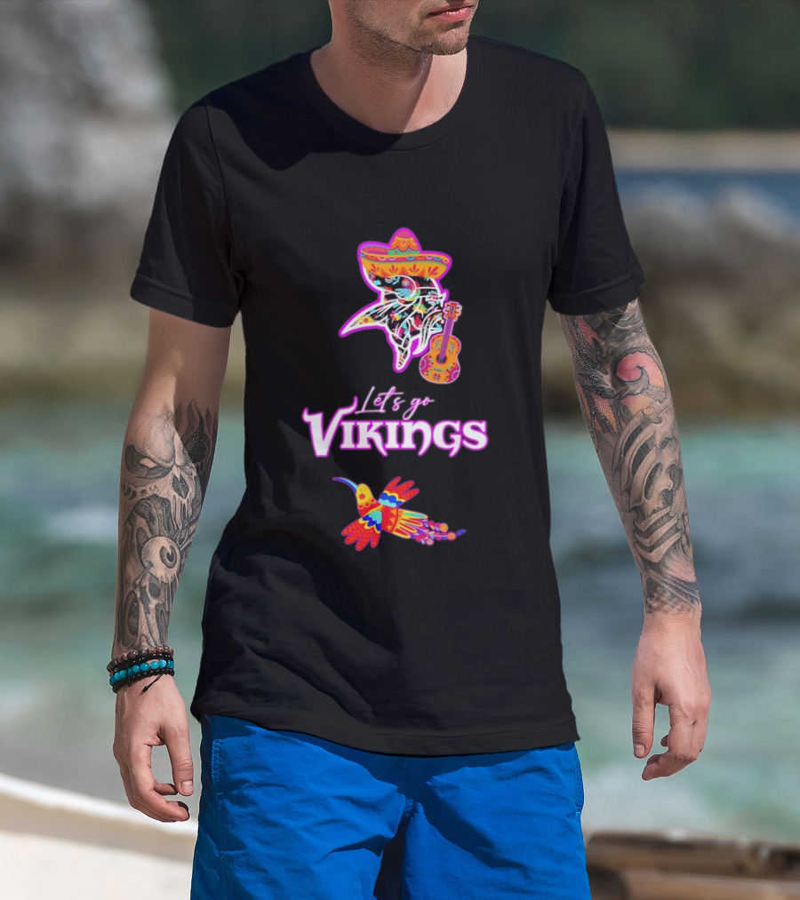 Let's Go Vikings Hispanic Heritage Fiesta Mexican Folk Sombrero Guitar Hummingbird T-Shirt