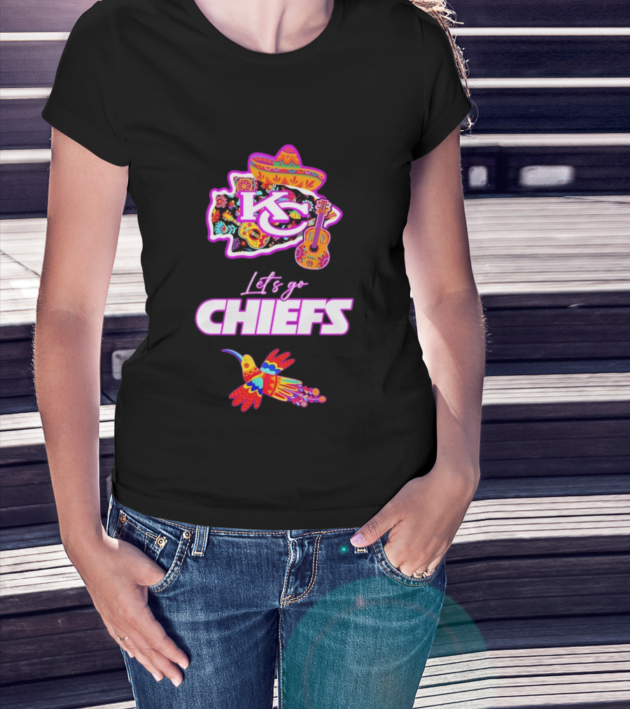 Kansas City Chiefs Let's Go Chiefs Fiesta Hispanic Heritage Mexican Folk KC Sombrero Guitar Hummingbird T-Shirt