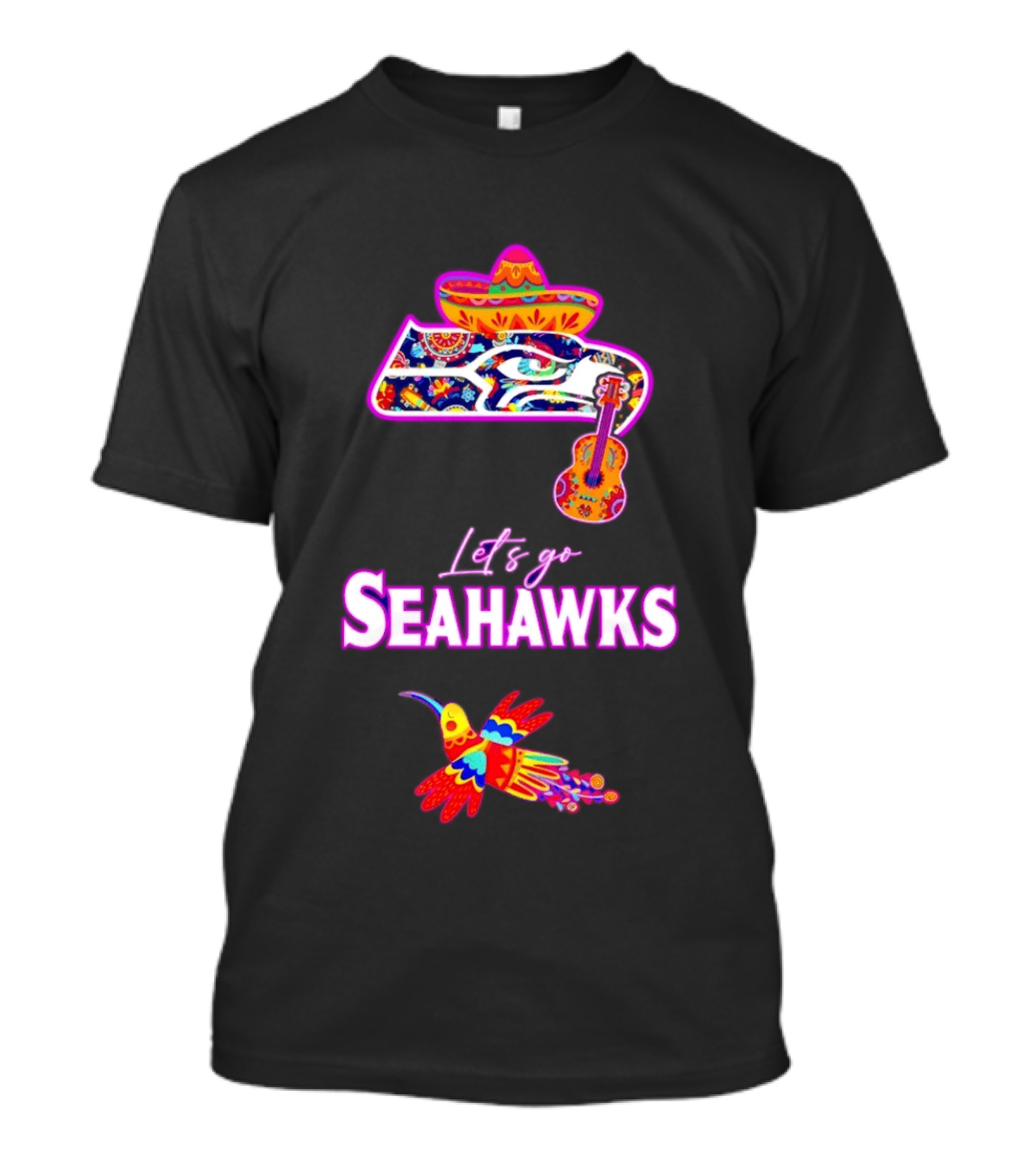 Seattle Seahawks Let's Go Mexican Fiesta Hispanic Heritage Vibrant Sombrero And Guitar T-Shirt
