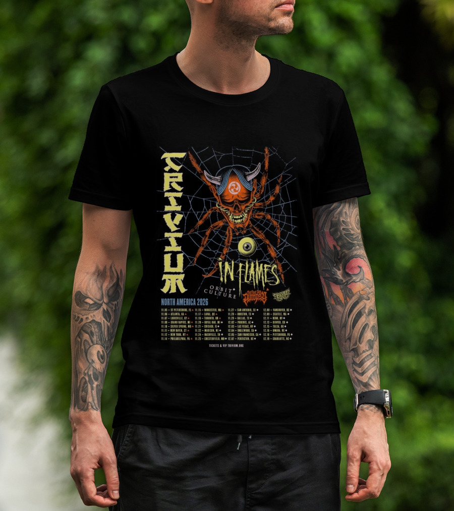 Trivium In Flames Orbit Culture North America 2026 Tour Dates And Cities With Spider T-Shirt