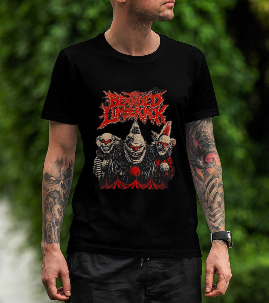 The Bearded Lumberjack Three Killer Clowns Horror Grinning Faces T-Shirt
