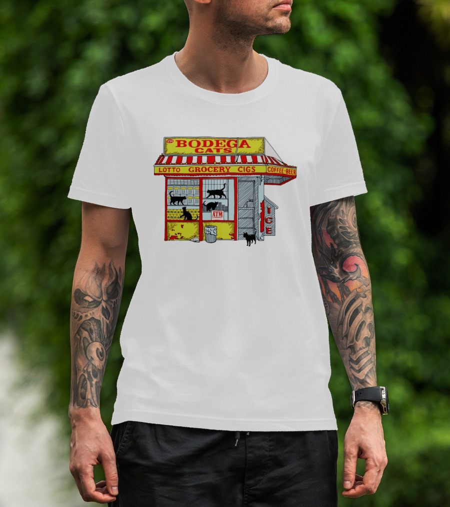 Bodega Cats Grocery Cigs Lotto Coffee Beer Ice ATM T-Shirt