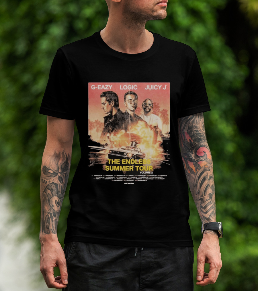 G Eazy Logic Juicy J The Endless Summer Tour Volume 2 2026 Retro Car Palm Trees T-Shirt