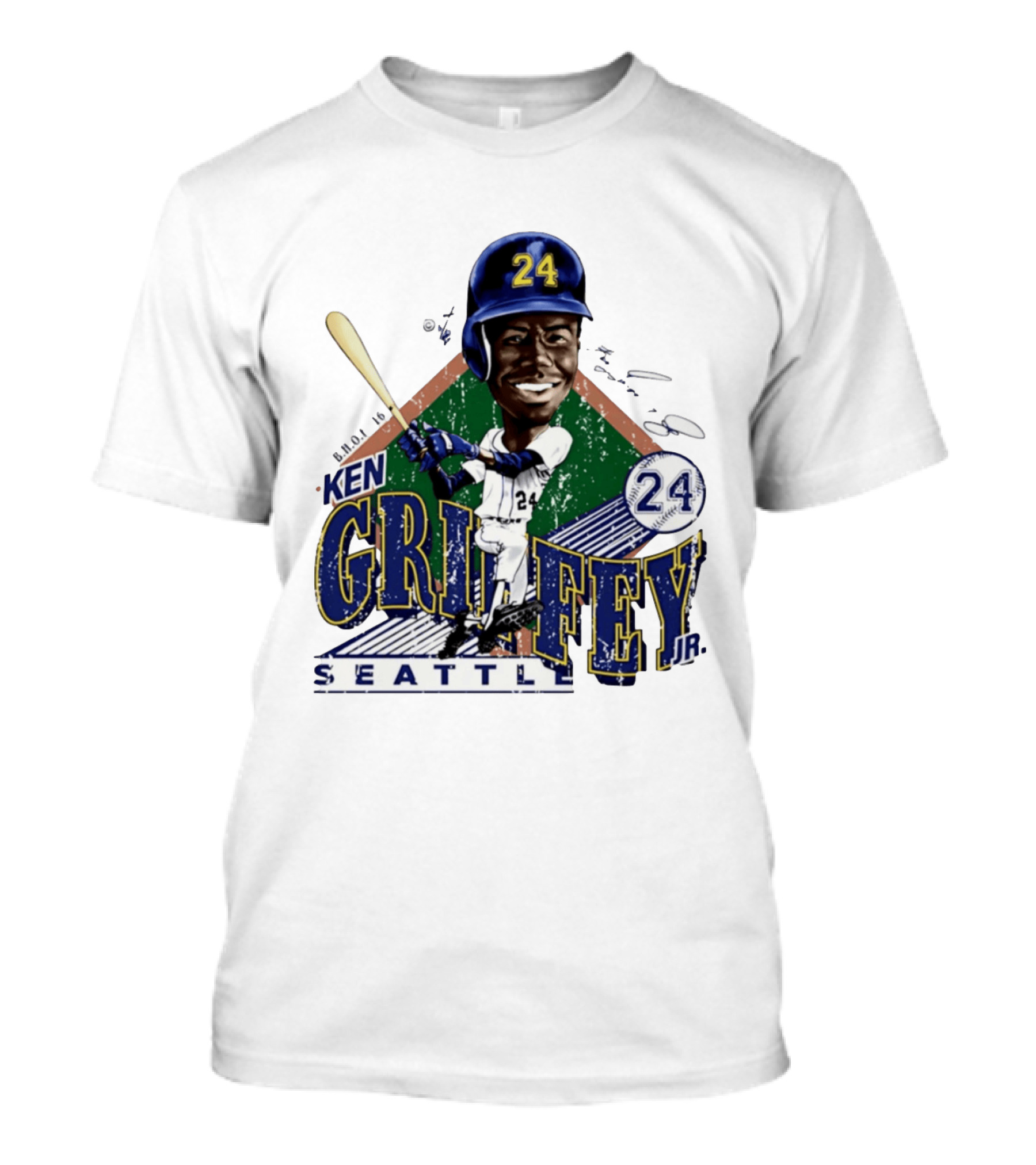 Ken Griffey Jr. Seattle Mariners 24 Baseball Batting Illustration Bruce Stark Collection T-Shirt