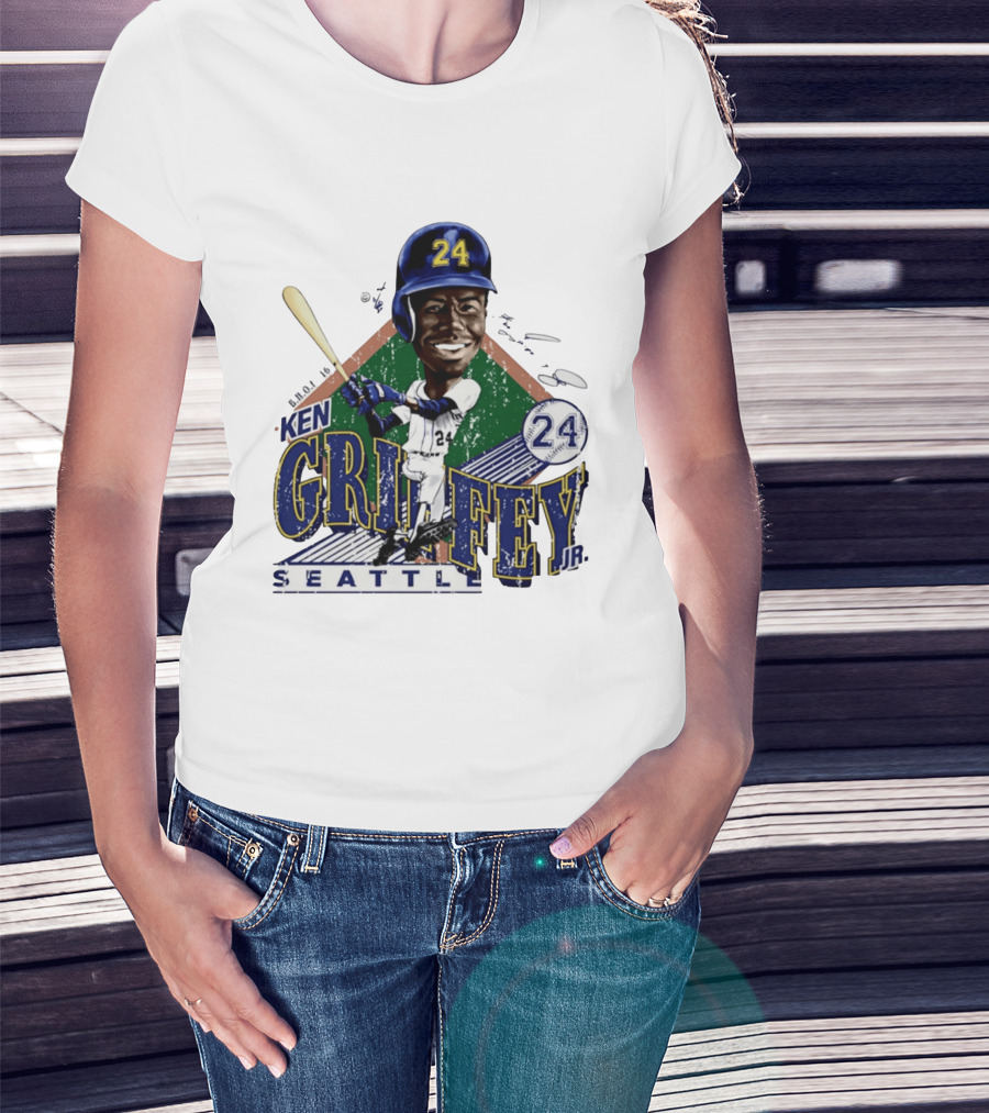 Ken Griffey Jr. Seattle Mariners 24 Baseball Batting Illustration Bruce Stark Collection T-Shirt