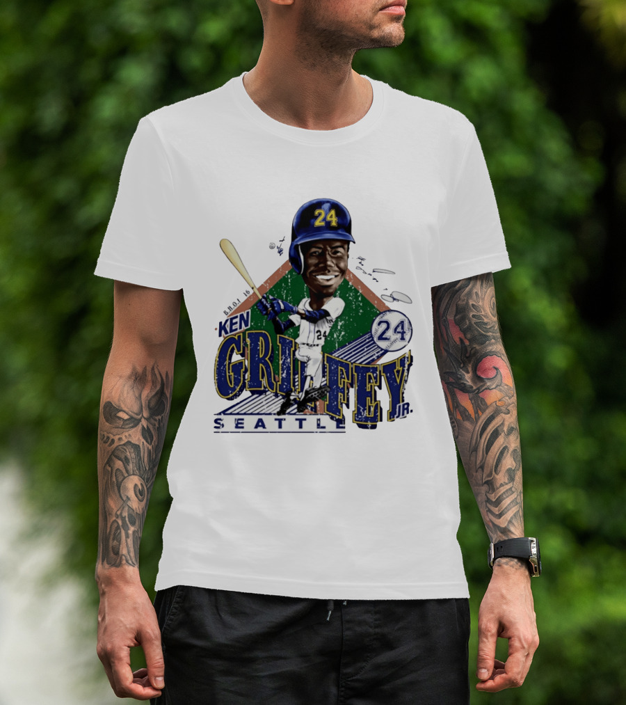 Ken Griffey Jr. Seattle Mariners 24 Baseball Batting Illustration Bruce Stark Collection T-Shirt