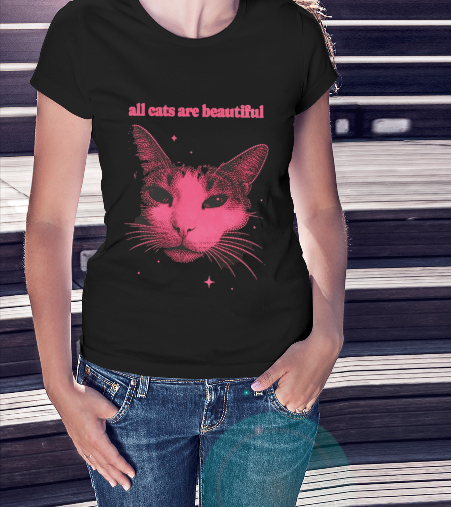 All Cats Are Beautiful Pink Halftone Cat Face With Stars T-Shirt