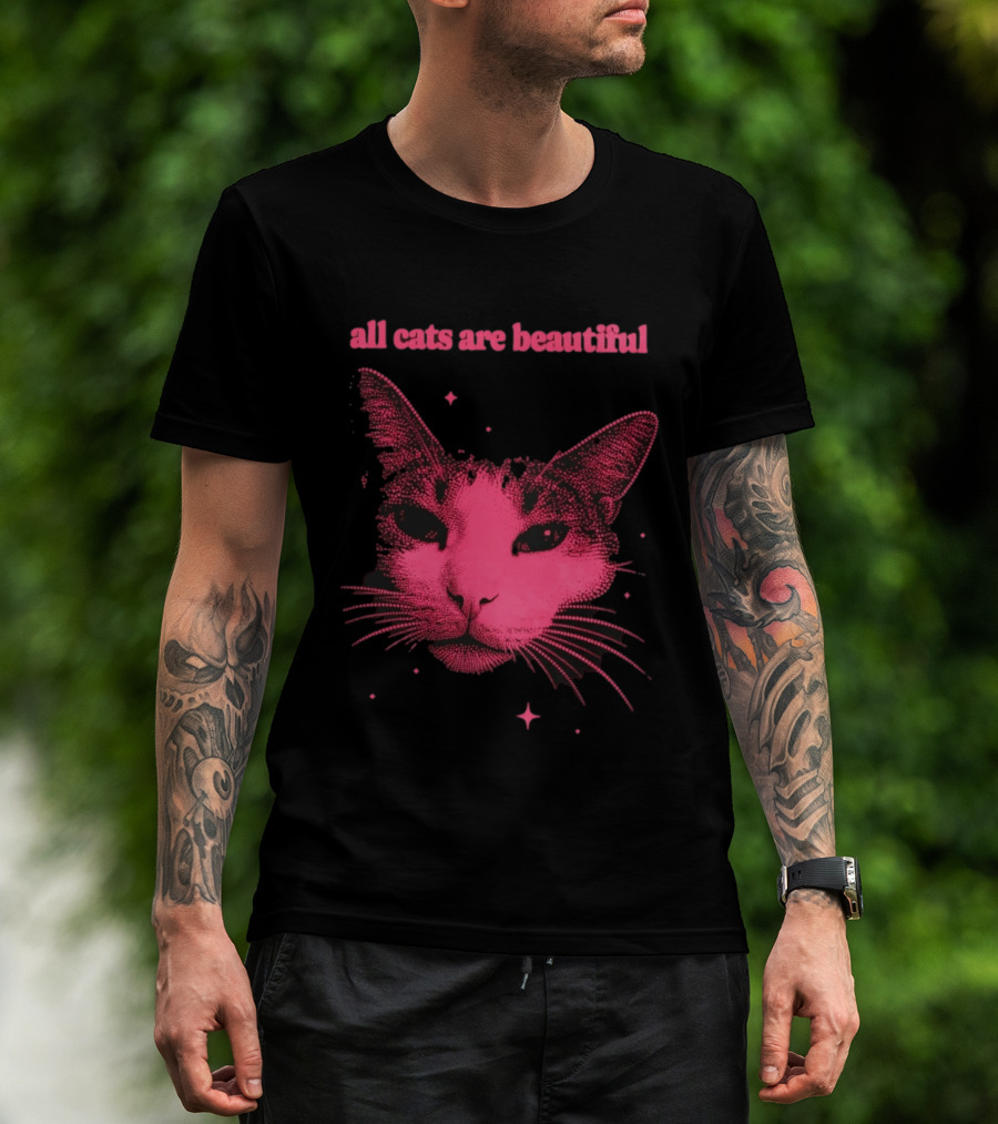 All Cats Are Beautiful Pink Halftone Cat Face With Stars T-Shirt