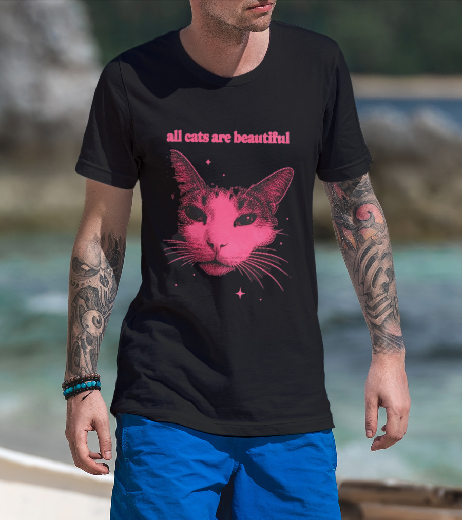 All Cats Are Beautiful Pink Halftone Cat Face With Stars T-Shirt