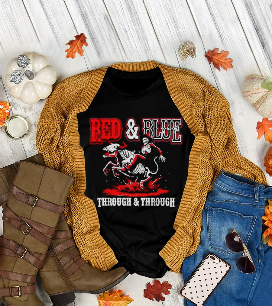 Red And Blue Through And Through Skeleton Cowboy Riding Horse T-Shirt
