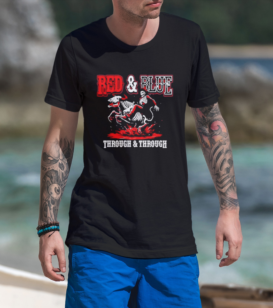 Red And Blue Through And Through Skeleton Cowboy Riding Horse T-Shirt