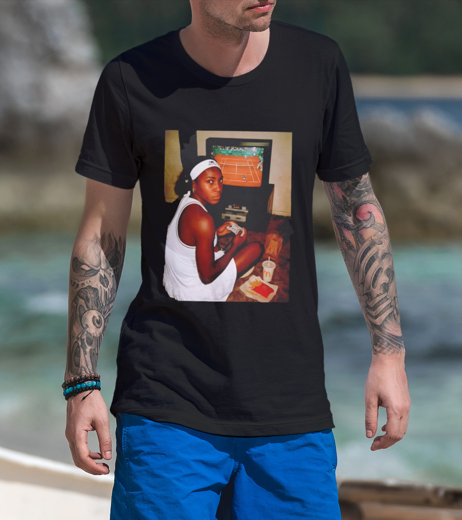 Coco Gauff Playing Retro Tennis Video Game With McDonald's Snacks T-Shirt