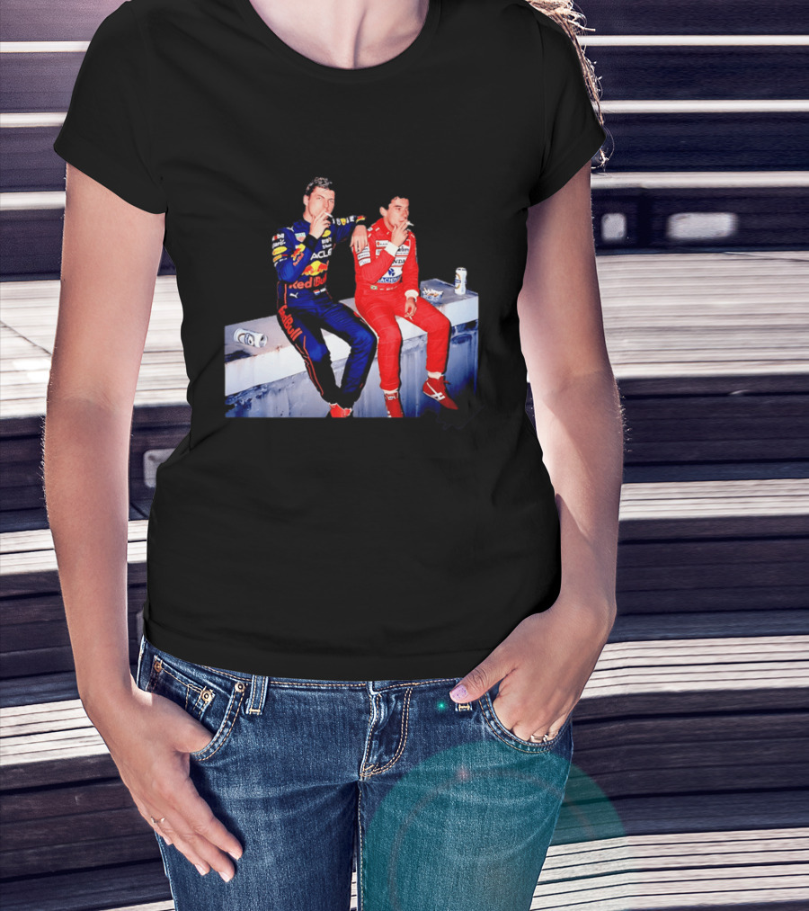 Max Verstappen Red Bull Racing And Ayrton Senna Honda Marlboro F1 Legends Smoking Together T-Shirt