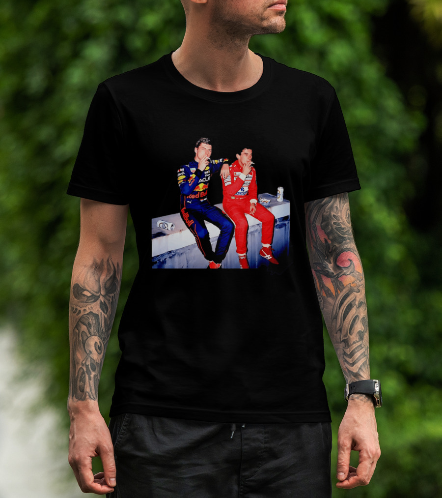 Max Verstappen Red Bull Racing And Ayrton Senna Honda Marlboro F1 Legends Smoking Together T-Shirt