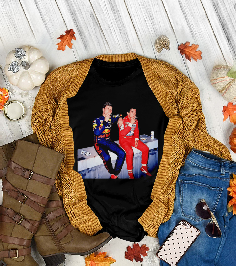 Max Verstappen Red Bull Racing And Ayrton Senna Honda Marlboro F1 Legends Smoking Together T-Shirt