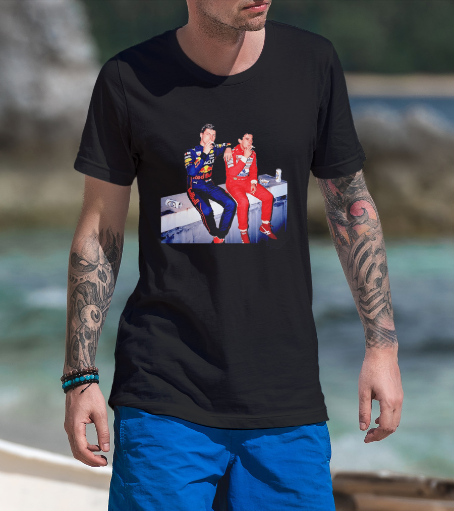 Max Verstappen Red Bull Racing And Ayrton Senna Honda Marlboro F1 Legends Smoking Together T-Shirt