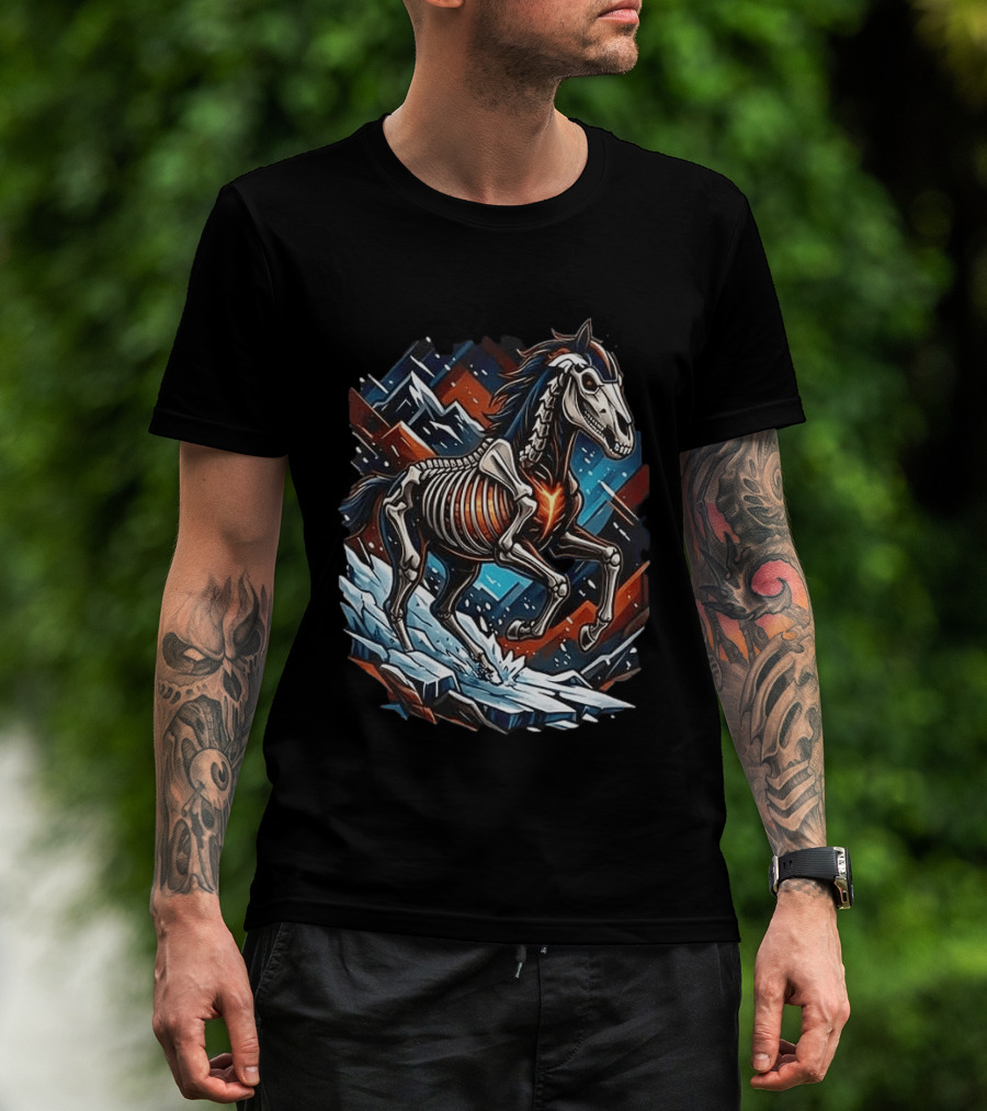Denver Broncos Runs In My Blood Skeleton Horse And Mountains T-Shirt