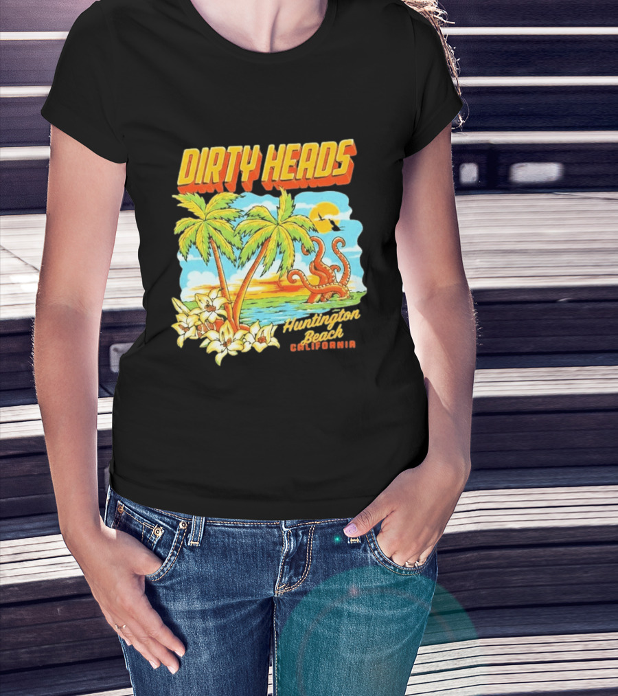 Dirty Heads Tropical Beach Palm Trees Ocean Sunset Octopus Huntington Beach California T-Shirt