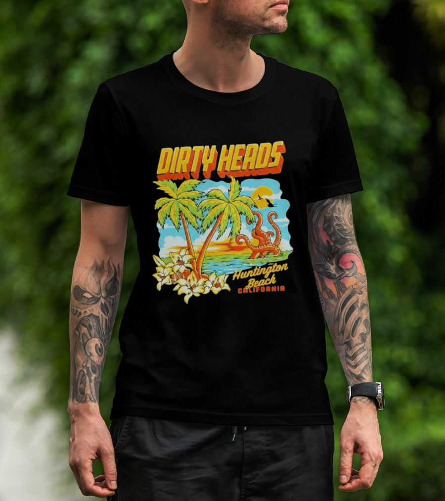 Dirty Heads Tropical Beach Palm Trees Ocean Sunset Octopus Huntington Beach California T-Shirt