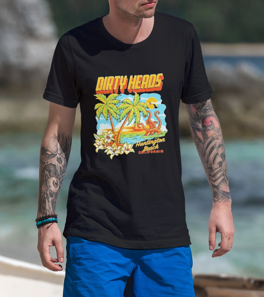 Dirty Heads Tropical Beach Palm Trees Ocean Sunset Octopus Huntington Beach California T-Shirt