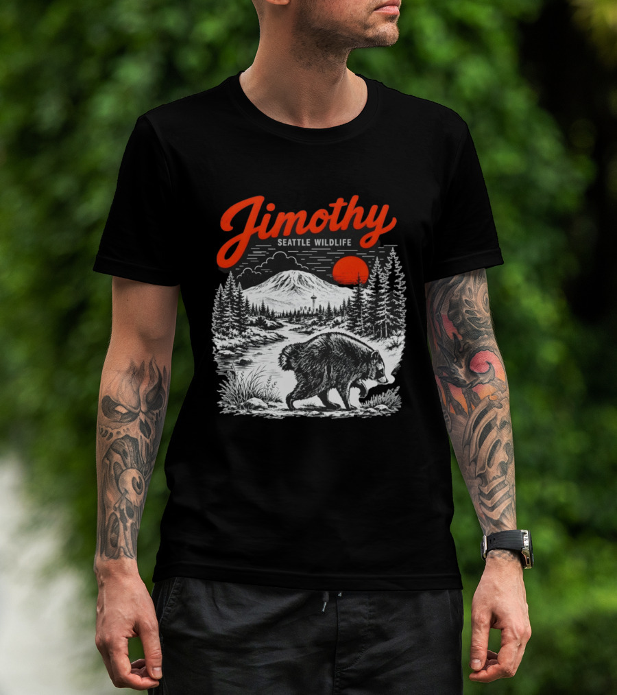 Jimothy Seattle Wildlife Raccoon With Mountain And Space Needle T-Shirt