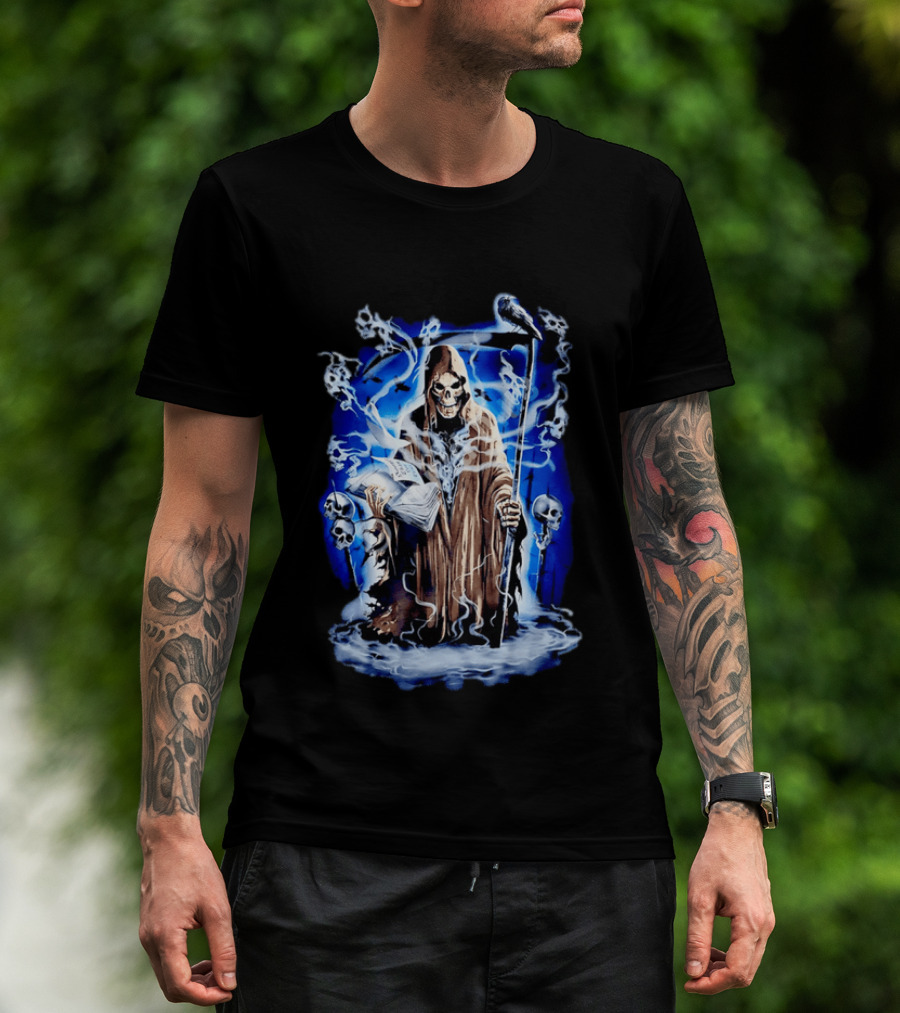 Sooner Than You Think Grim Reaper Skull And Scythe In Blue Mist T-Shirt