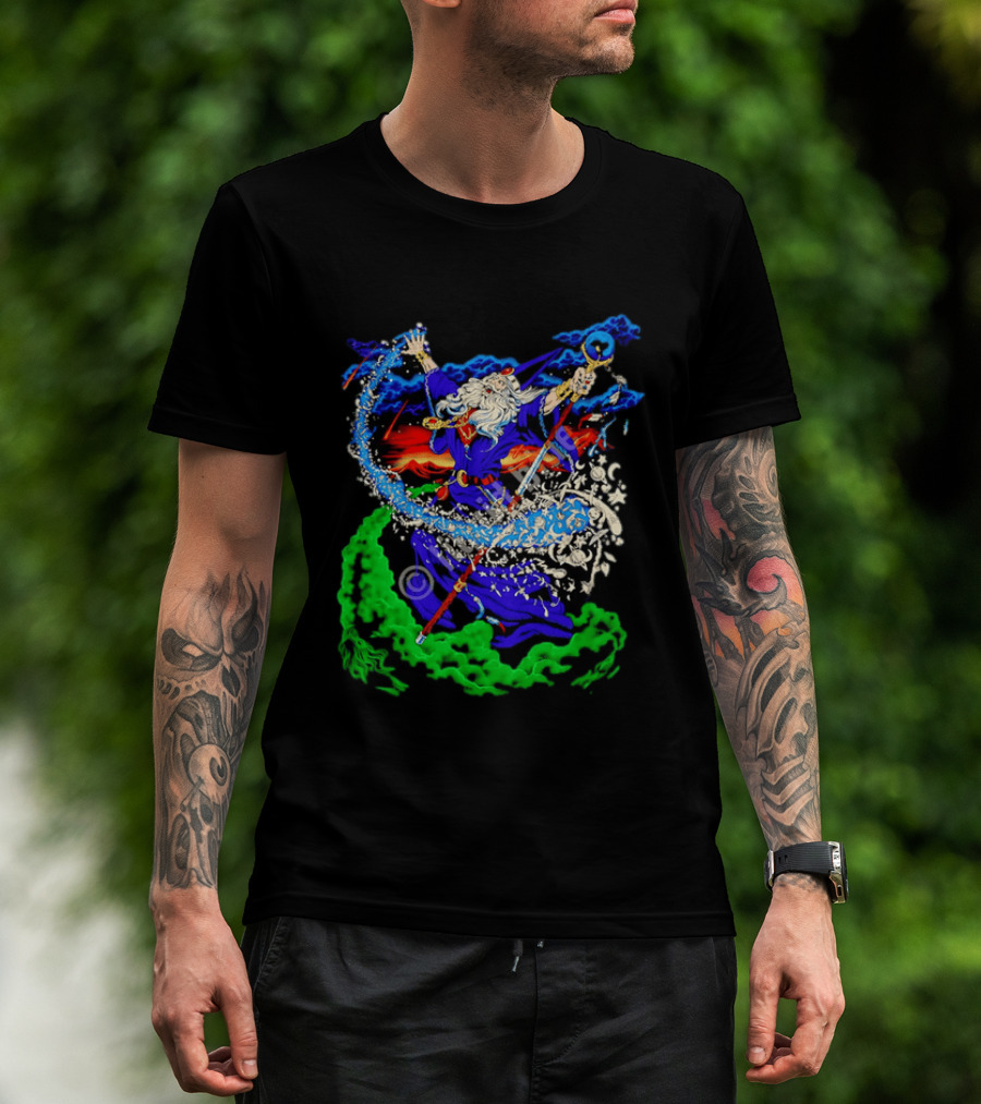 Wizard Casting Magic Conjuring Galaxies Fantasy Aurora Sky T-Shirt