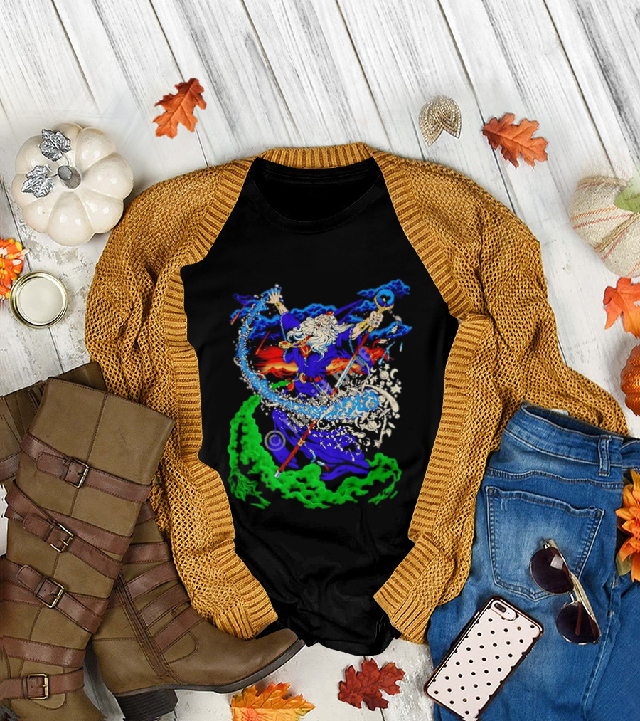 Wizard Casting Magic Conjuring Galaxies Fantasy Aurora Sky T-Shirt