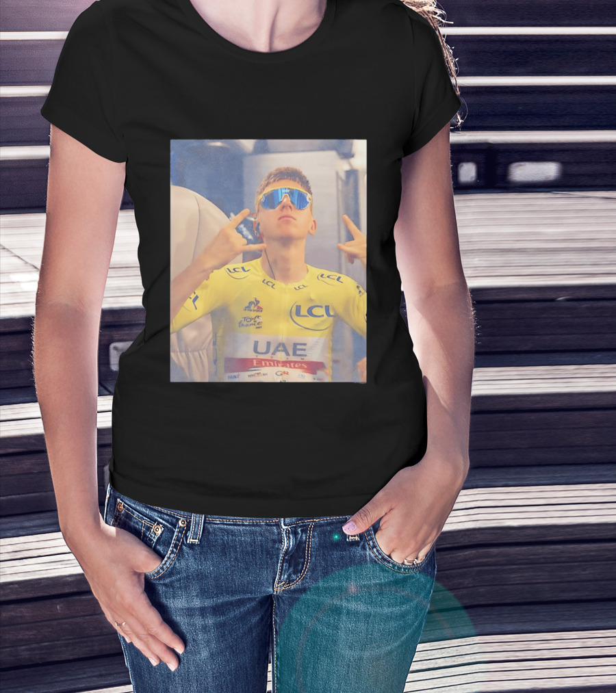Tadej Pogačar In UAE Emirates Tour De France LCL Yellow Jersey With Sunglasses T-Shirt