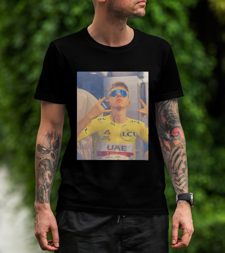Tadej Pogačar In UAE Emirates Tour De France LCL Yellow Jersey With Sunglasses T-Shirt