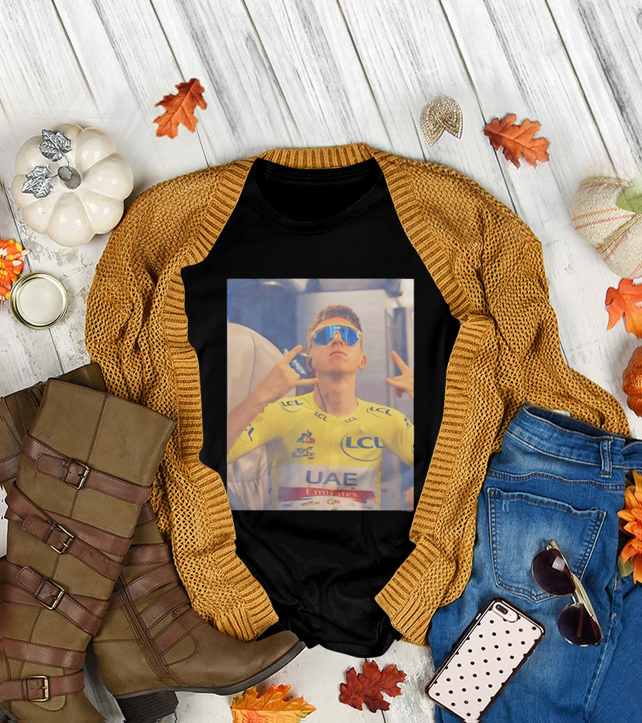 Tadej Pogačar In UAE Emirates Tour De France LCL Yellow Jersey With Sunglasses T-Shirt