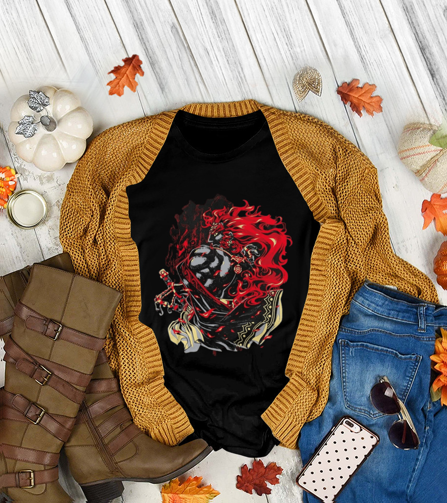 The Legend Of Zelda The Devourer Of Tomorrow Flamboyant Musketeer Warrior With Cape And Fiery Red Hair T-Shirt
