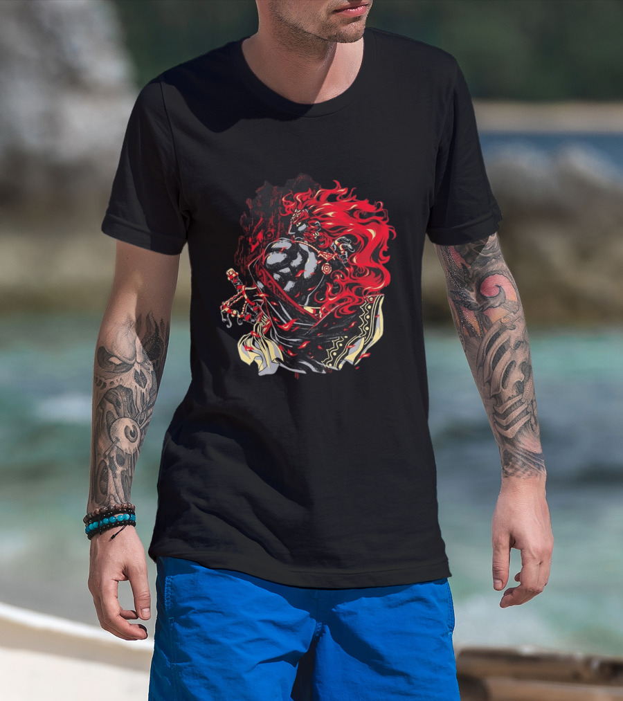 The Legend Of Zelda The Devourer Of Tomorrow Flamboyant Musketeer Warrior With Cape And Fiery Red Hair T-Shirt