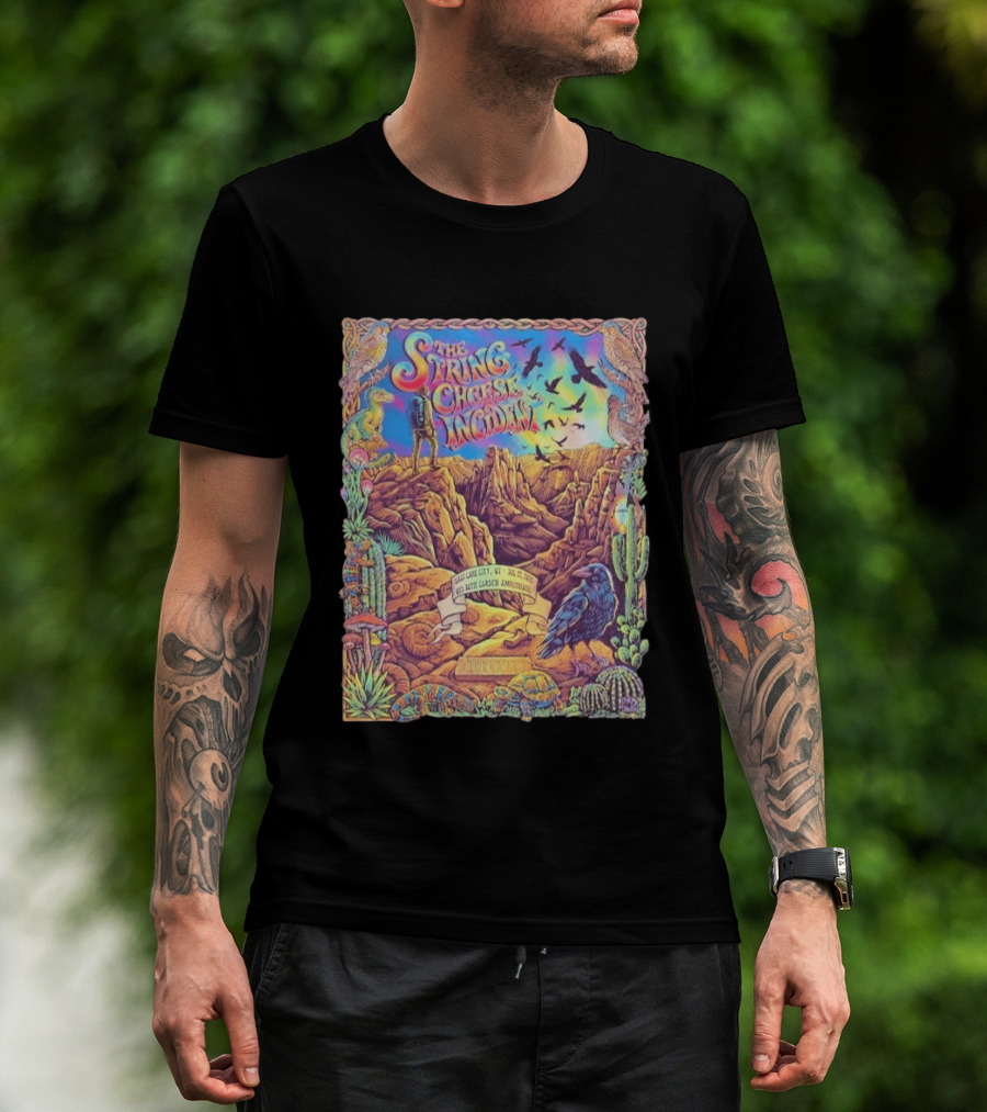 The String Cheese Incident Salt Lake City Utah Red Butte Garden Amphitheatre July 22 2026 Psychedelic Desert Scene With Wildlife And Cactus T-Shirt