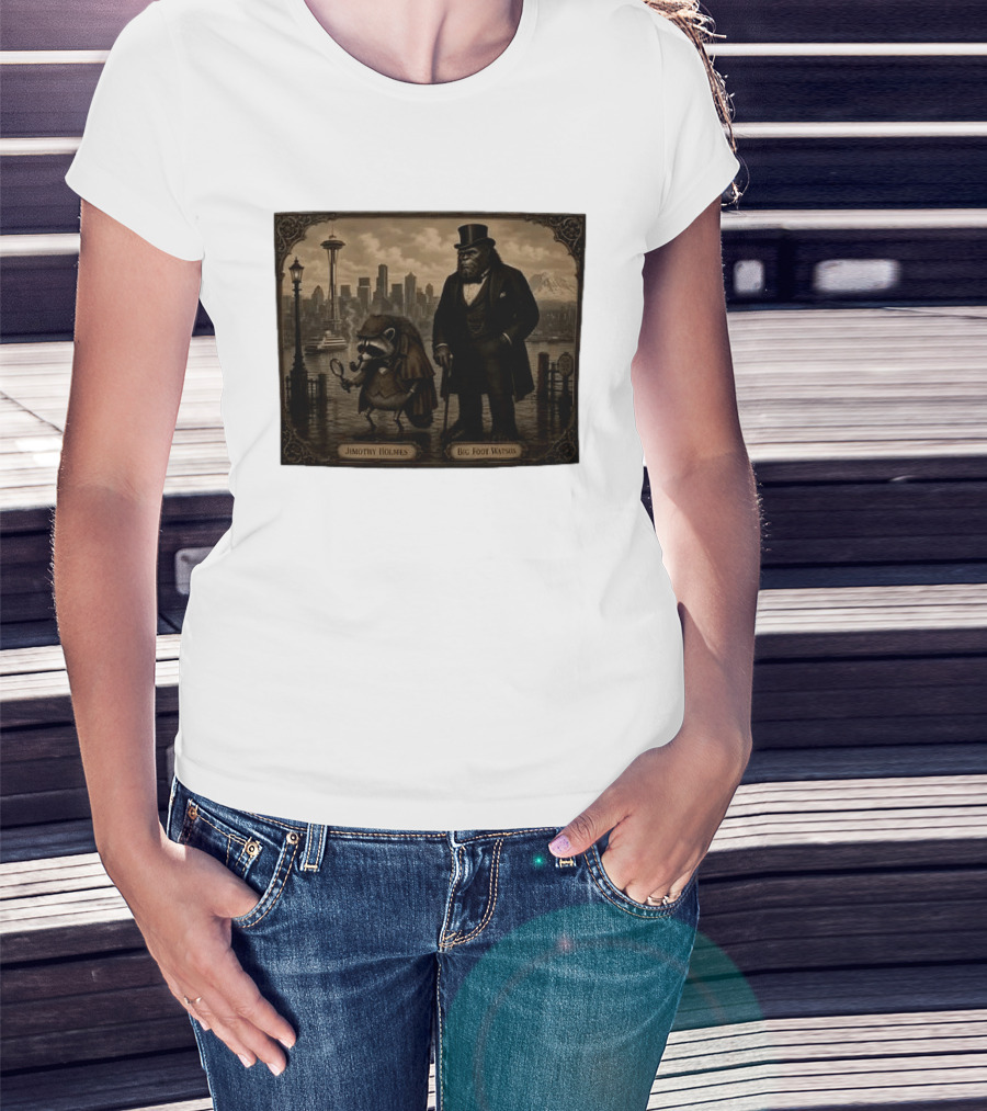 Jimothy Holmes Bigfoot Watson In Vintage Detective Scene Seattle Skyline T-Shirt