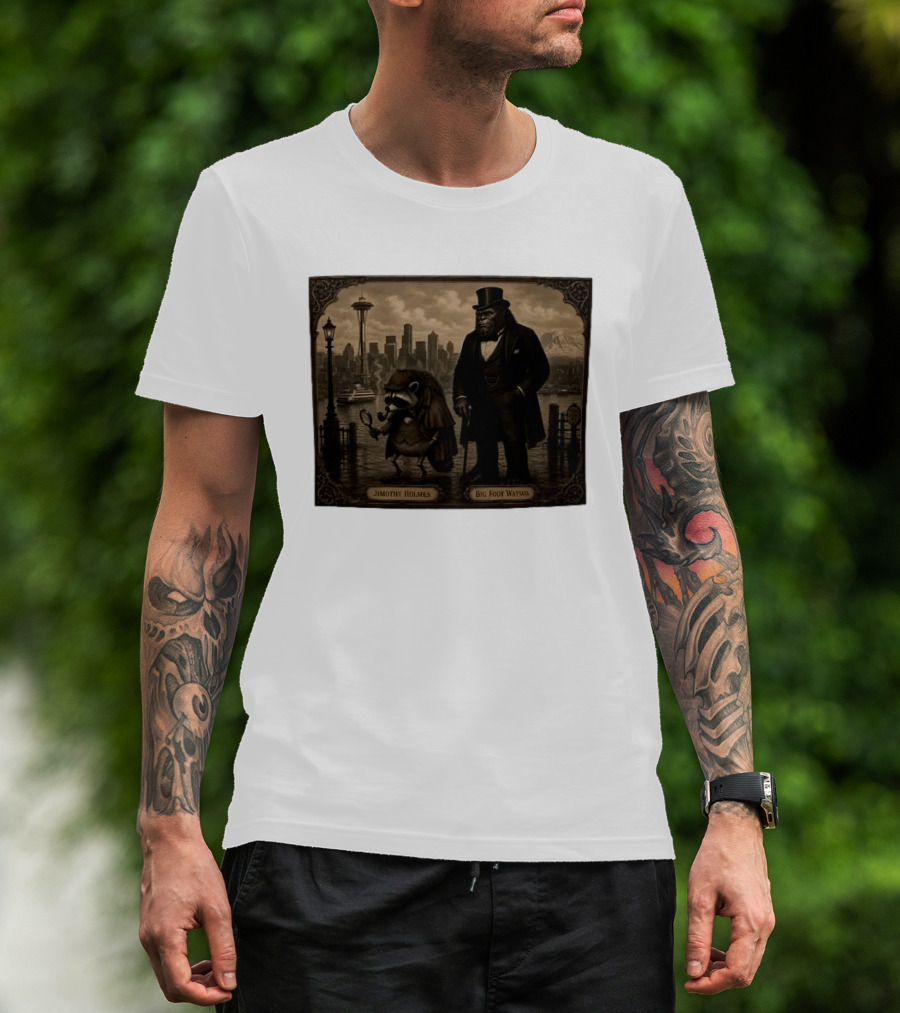 Jimothy Holmes Bigfoot Watson In Vintage Detective Scene Seattle Skyline T-Shirt