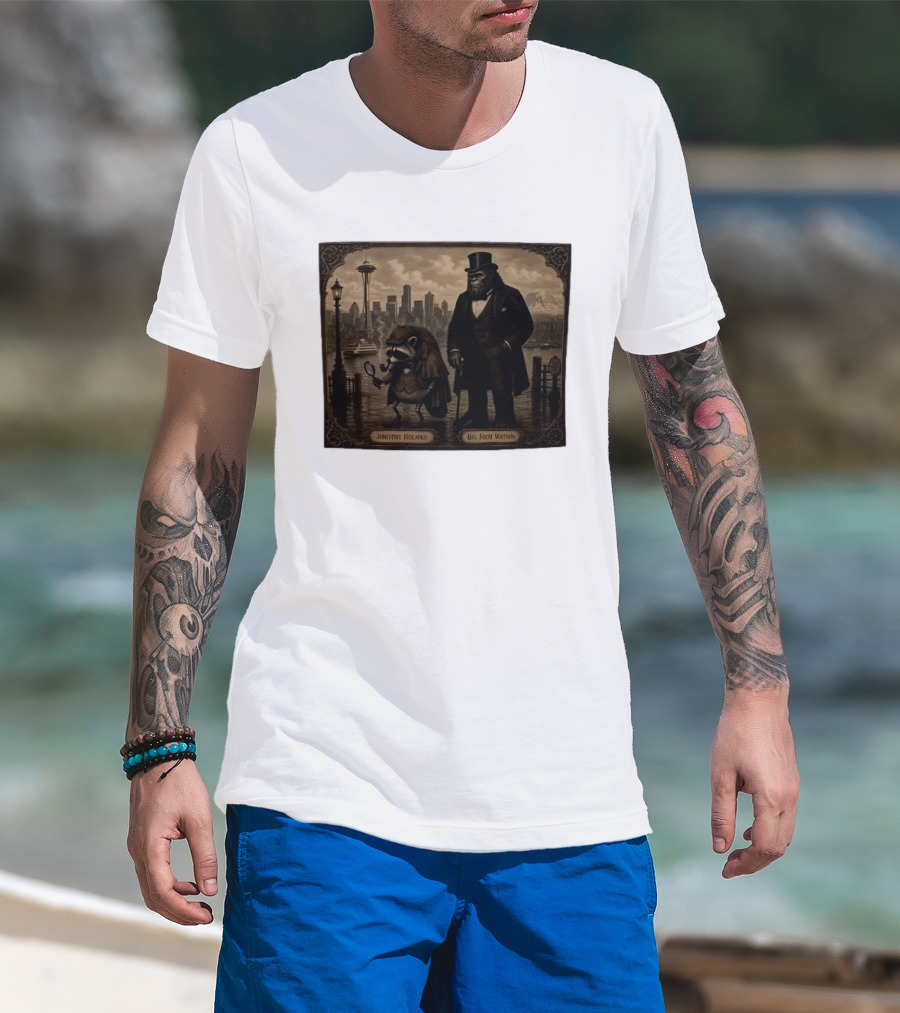 Jimothy Holmes Bigfoot Watson In Vintage Detective Scene Seattle Skyline T-Shirt