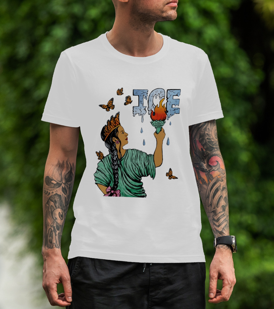 Liberty ICE Melt Activism With Monarch Butterflies And Torch Symbolism T-Shirt