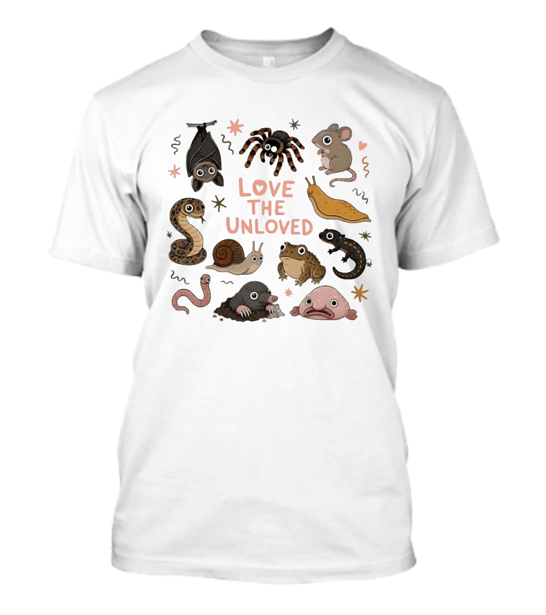 Love The Unloved Weird Animals Bat Spider Mouse Snake Snail Frog Blobfish Worm Salamander Slug T-Shirt