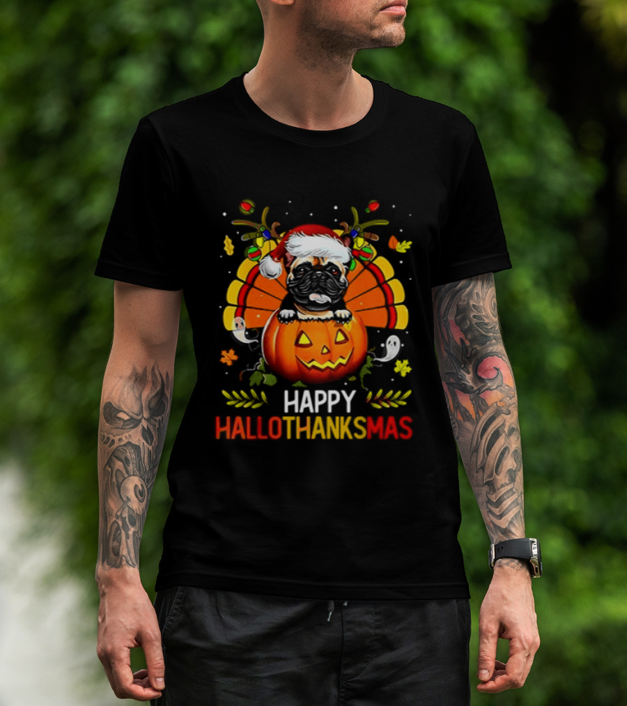 Happy Hallothanksmas Bulldog With Santa Hat Pumpkin And Turkey Feathers 2026 T-Shirt